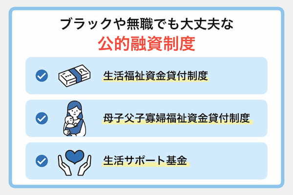 公的融資制度はブラックや無職でも少額融資を受けられる