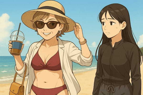 義母のボディアピールが止まらない!海辺で炸裂した“マウントビキニ”