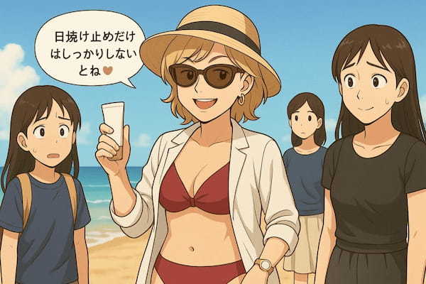 義母のボディアピールが止まらない!海辺で炸裂した“マウントビキニ”