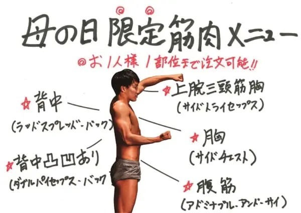 サイドチェストください！焼肉屋で筋肉注文するとマッチョが出てきてハイポーズ　ふたごに母の日限定「筋肉メニュー」爆誕