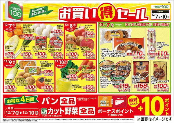 ローソンストア100が３ヶ月連続「お買い得セール」開催決定！第1弾は12月7日（水）から、パン・カット野菜1個購入ごとに10ポイントプレゼントなど