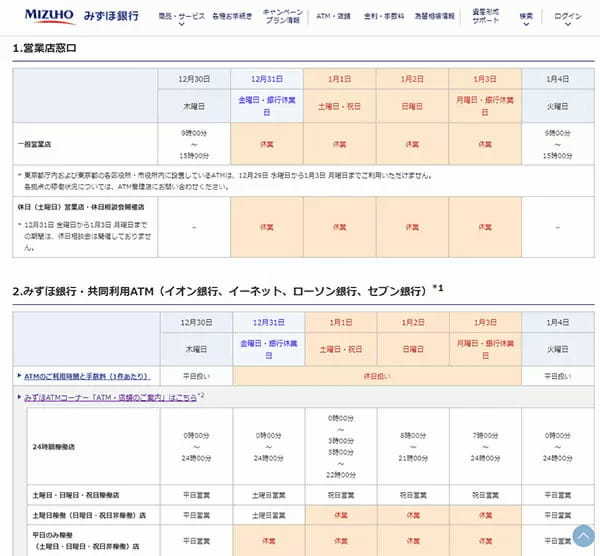 銀行、年末年始の休業日は？ 2021～22年のみずほ、三井住友、三菱UFJ、ゆうちょ銀行