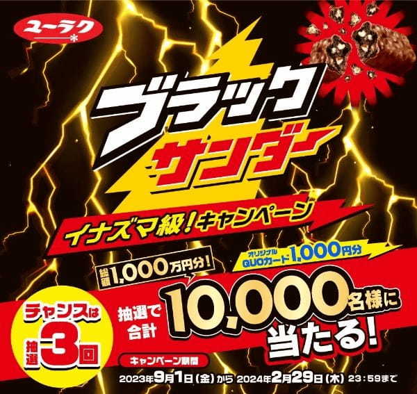 ～合計10,000名様にオリジナルQUOカード1,000円分が当たる！～ 　総額1,000万円！ブラックサンダーイナズマ級！キャンペーン開始！100名様にダブルチャンス賞品も♪