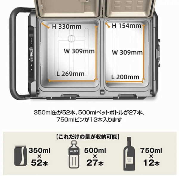 冷蔵庫と冷凍庫1台2役 電源無いキャンプ場でも使えるポータブル車載冷蔵庫