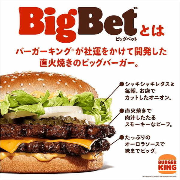 バーガーキング® が社運をかけた大勝負！『BigBet™ (ビッグベット)』新発売　食べ比べればわかる「直火焼き」の100%ビーフでしか味わえない本格的なうまさ！新開発「特製オーロラソース」と相性抜群
