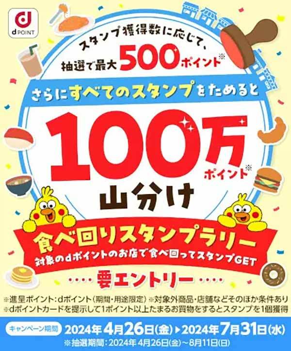 ドコモ、dポイント「食べ回りスタンプラリー」　7月31日まで