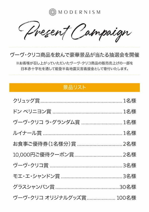 【「一休.com」六本木エリアレストラン口コミ1位】新たな日本料理の世界を“旬・香・音・味・間”で奏でる「MODERNISM」が1周年を記念し、ヴーヴ・クリコとコラボしたプレゼントが当たる感謝祭を開催