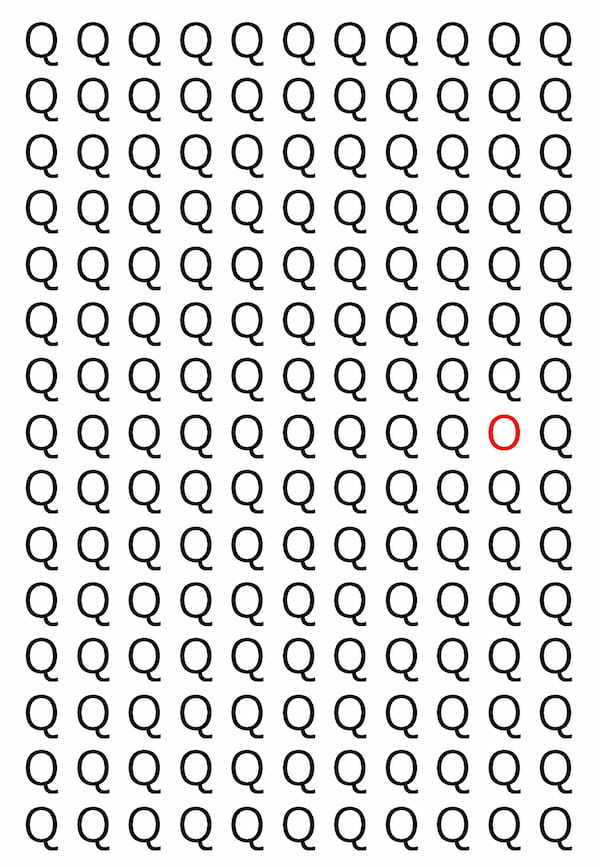 【違う文字を探せ!】165個の「Q」の中に紛れて1文字違う文字が!?あなたは何秒で探し出せるかな??【クイズ】