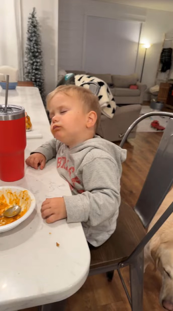 お昼寝も忘れていとこと楽しく遊んだ男の子。夕食の時間にはもう眠気に抗えなくなったみたい【アメリカ・動画】