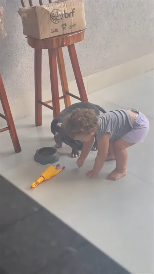 子犬にごはんを食べさせてあげる赤ちゃん。健気に世話を焼くその姿は、子犬のママみたい!!【海外・動画】