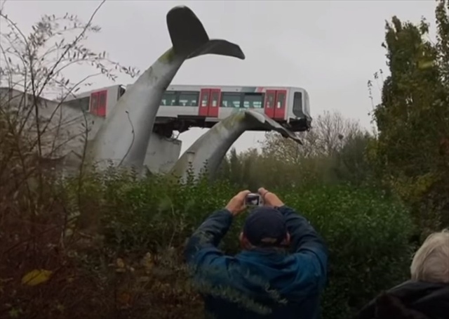 えっ！？マジかよ･･･クジラの彫刻にトンデモナイものが激突していた！驚愕の光景が話題に