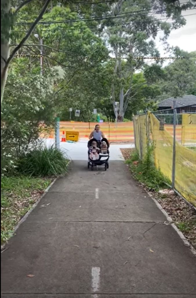 道の向こうからやってくる二人乗り用のベビーカー。これには双子ちゃんが乗っているのかと思いきや・・・、意外な子が乗り合わせていました！！