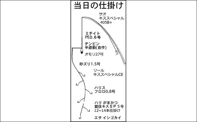 三重のサーフでの投げ釣りで19cm頭にキス161匹　4色付近でヒット集中