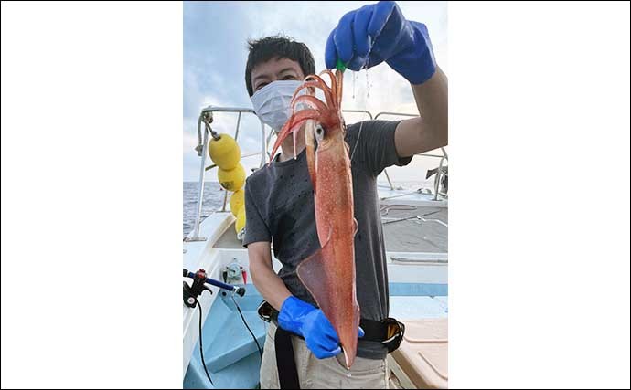 【響灘】沖釣り最新釣果 夜焚きイカ船での活きイカ泳がせでマダイ登場