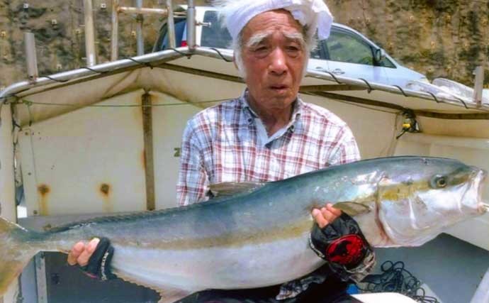 活きイカ泳がせ釣りでアラ（クエ）狙い　11.3kg本命ほか128cmヒラマサ