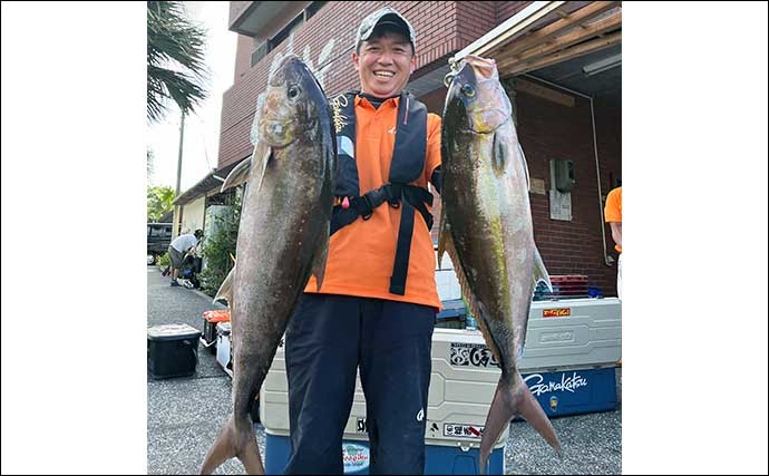 八丈島遠征で20kg頭に良型カンパチ全員安打　アカイカ泳がせで狙い撃ち