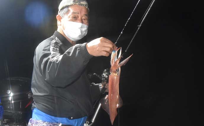 日本海イカメタル半夜釣行で良型ケンサキイカ手中　好ゲストにスルメ