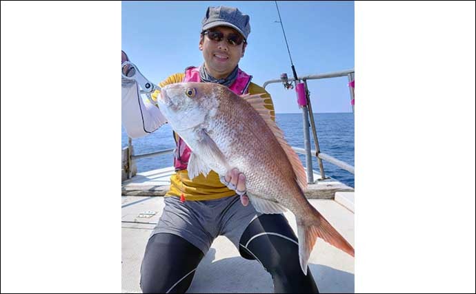 【響灘】沖釣り最新釣果 夜焚きイカ船での活きイカ泳がせでマダイ登場