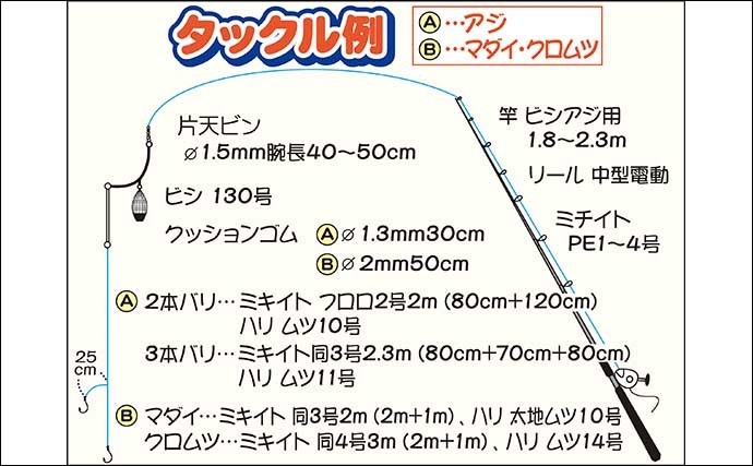 相模湾ビシアジ釣りで30cm級中心にトップ46尾　ゲストにメダイも