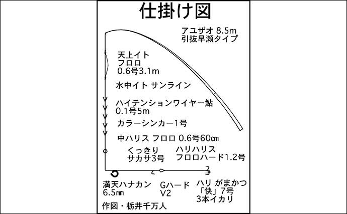 宮川のアユトモ釣りで21cm頭に74匹　渇水の荒瀬を細かく攻めて連発