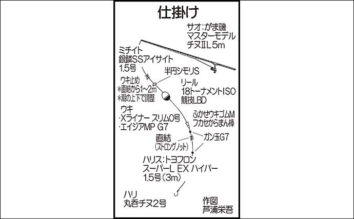 山口の沖波止でのフカセ釣りでチヌ13尾　時合いには1投1尾の入れ食いに