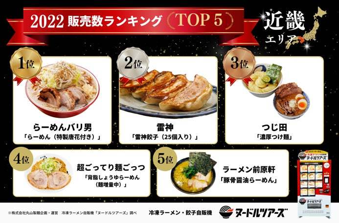 創業昭和33年業務用製麺所の丸山製麺、冷凍ラーメン自販機『ヌードルツアーズ』の「2022年販売数ランキングTOP5」を発表