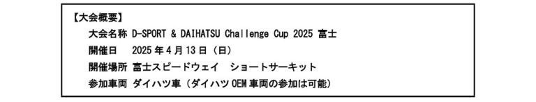 「D-SPORT & DAIHATSU Challenge Cup 2025 富士」4月13日開催。申し込みは2月25日AM0時から