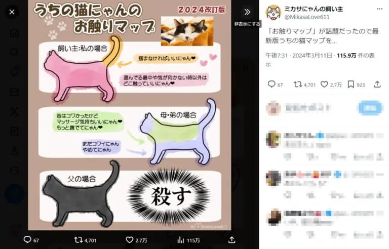 ある猫の「お触りマップ」に父への同情集まる　人によって差がありすぎる……