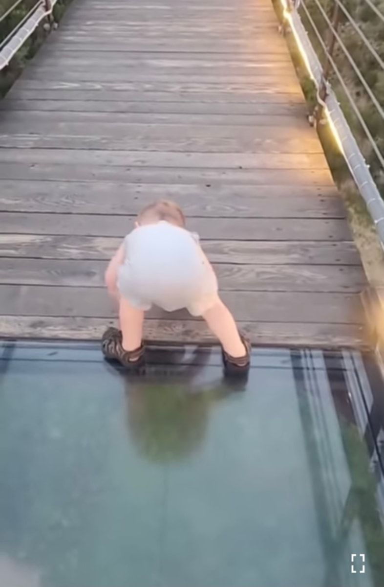 【1億再生超え】ガラス張りのつり橋を渡ろうとした男の子。慎重に足を踏み入れたが、下を見てある決断をしました
