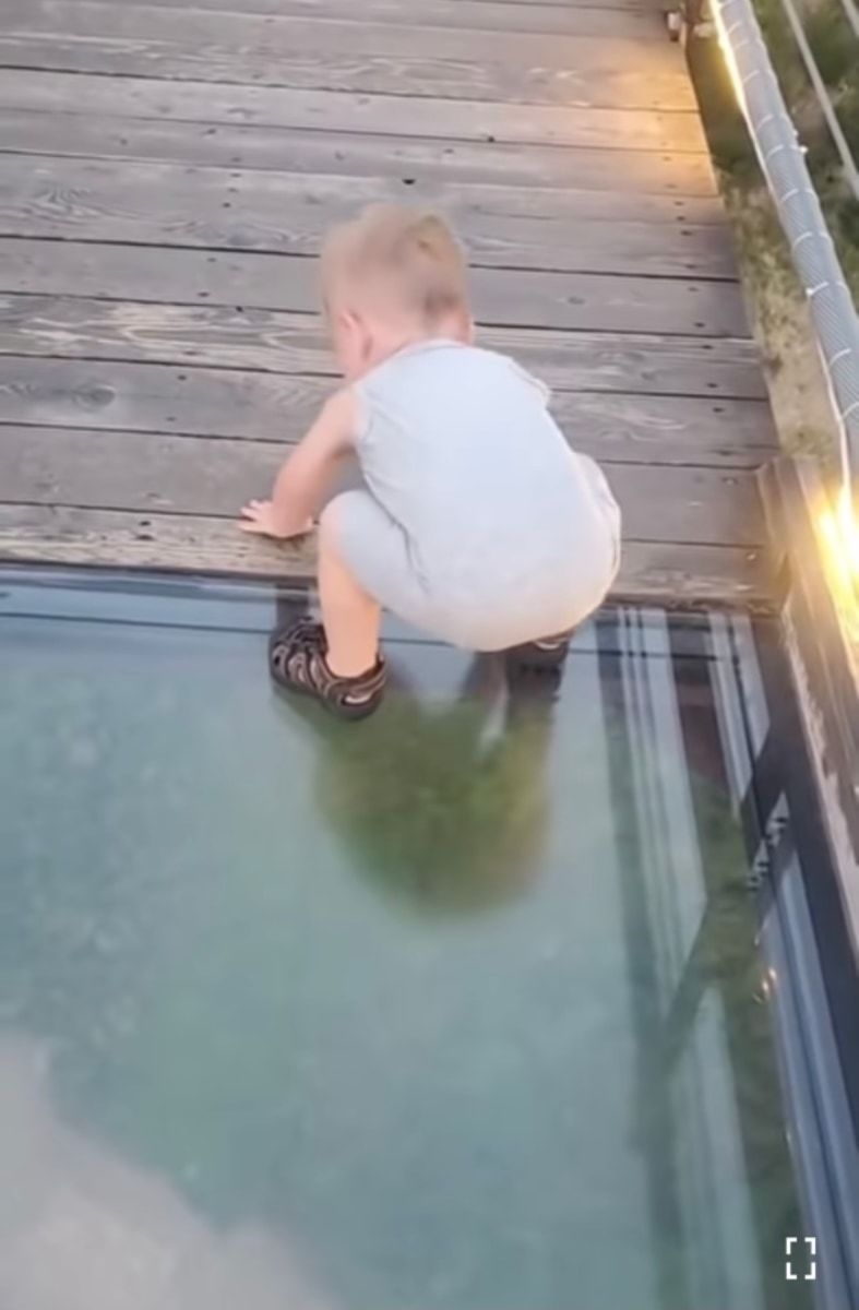 【1億再生超え】ガラス張りのつり橋を渡ろうとした男の子。慎重に足を踏み入れたが、下を見てある決断をしました