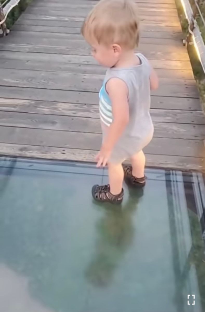 【1億再生超え】ガラス張りのつり橋を渡ろうとした男の子。慎重に足を踏み入れたが、下を見てある決断をしました