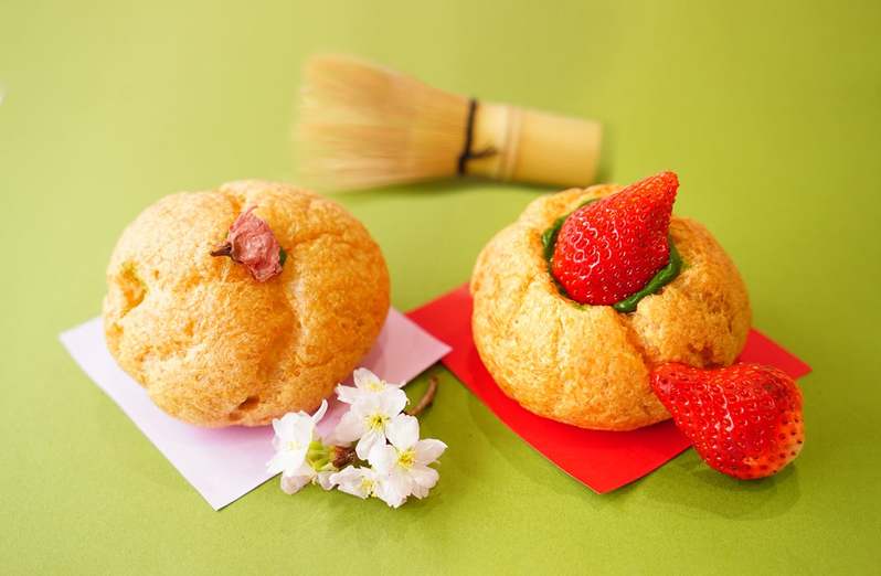 【春限定】お濃茶スイーツ専門店「雷一茶」が手掛ける、春めくふんわり抹茶スイーツ。桜&ストロベリーの「季節のお濃茶シュークリーム」が登場！