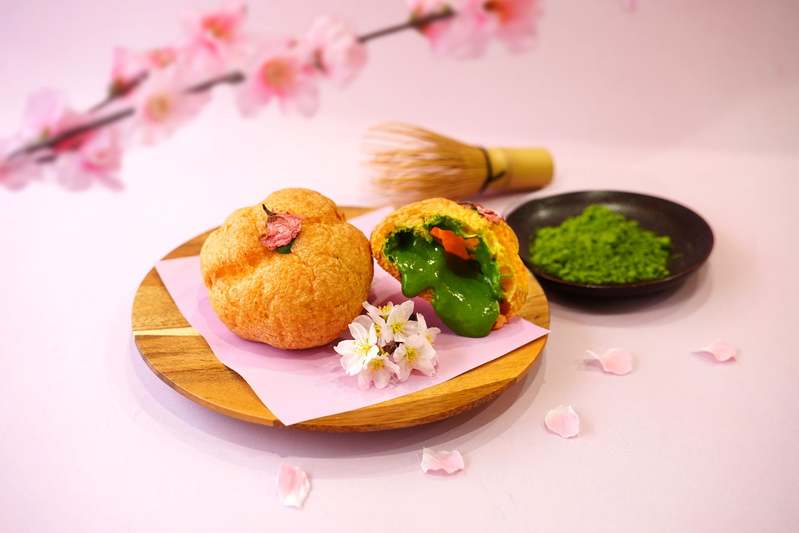 【春限定】お濃茶スイーツ専門店「雷一茶」が手掛ける、春めくふんわり抹茶スイーツ。桜&ストロベリーの「季節のお濃茶シュークリーム」が登場！