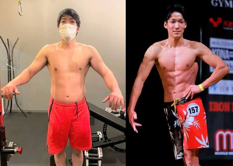 【筋トレ ビフォーアフター】筋トレ開始7カ月で16kg減に成功!笑顔でカッコイイ腹筋見せる