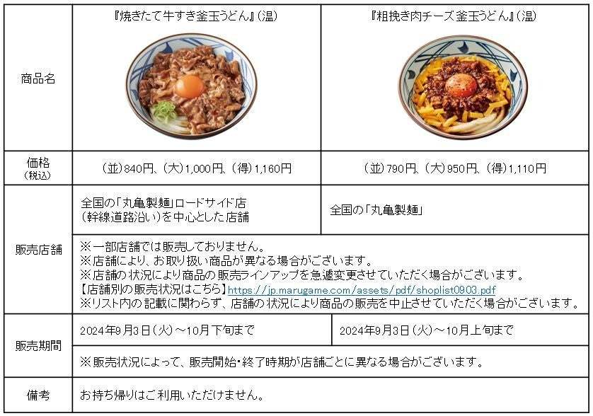 《おいしさを、まぜてからめて、秋の打ち立て。》丸亀製麺のお月見は 、打ち立てのうどんと玉子でお月“味”（つきみ）大人気！『焼きたて牛すき釜玉うどん』 完全新作! 『粗挽き肉チーズ釜玉うどん』