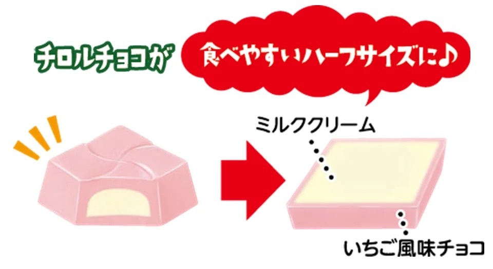 期間限定！通常のチロルチョコが食べやすいハーフサイズに。甘酸っぱいいちご風味チョコとクリーミーなミルククリームを組み合わせた「チロルチョコ〈ミニいちごミルク〉」期間限定で登場！